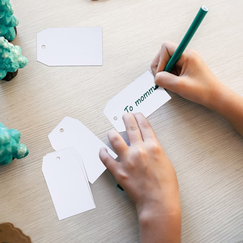 G2PLUS Price Tags, 100PCS White Paper Gift Tags with String, 2.8x1.6 in Blank Paper Hanging Label Tag, Rectangle Present Name Tag for Christmas, Gift Wrapping, DIY Arts & Crafts, Garage Sales - Image 4